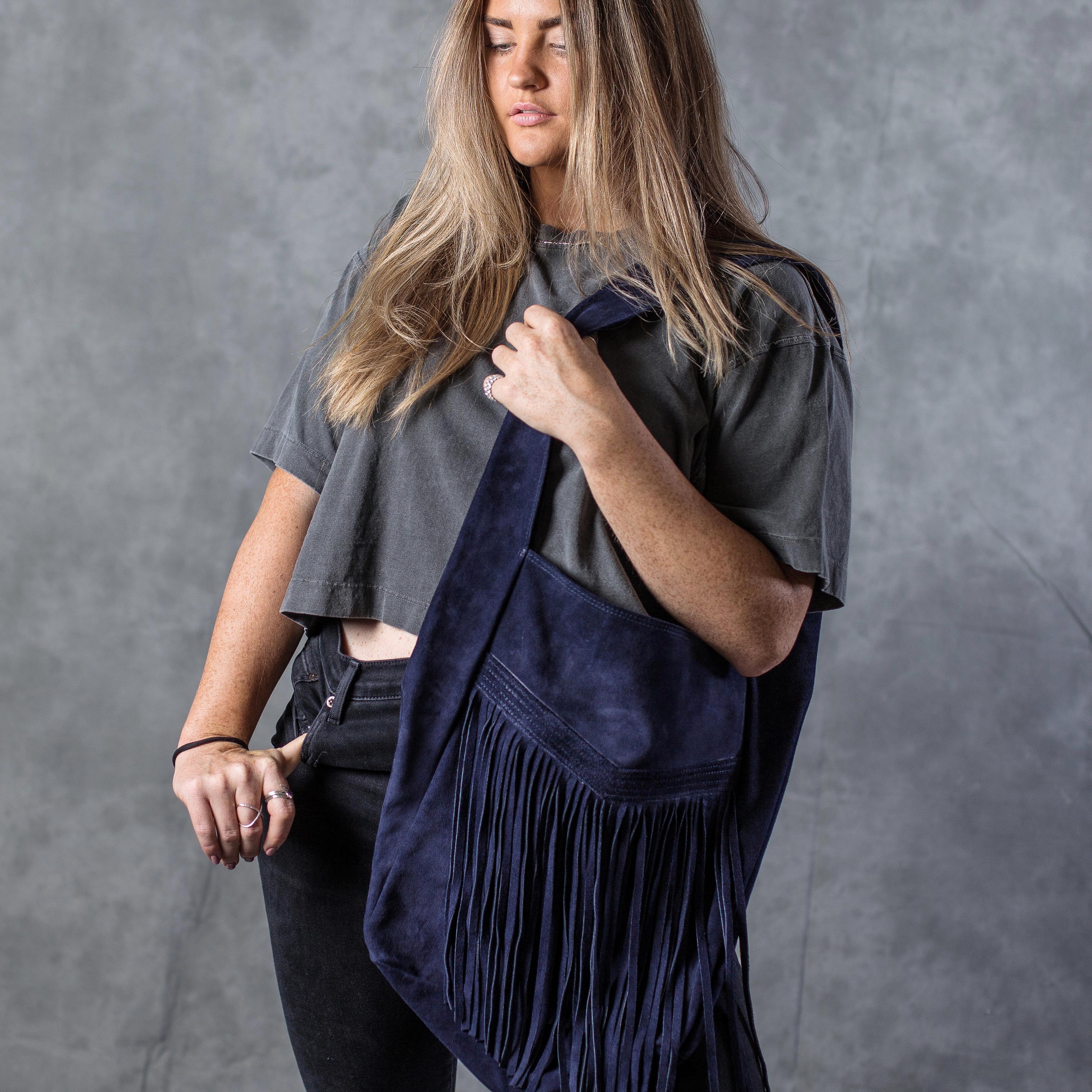 ANDROMEDA FRINGE HOBO - Ink Suede – MacKenzie83