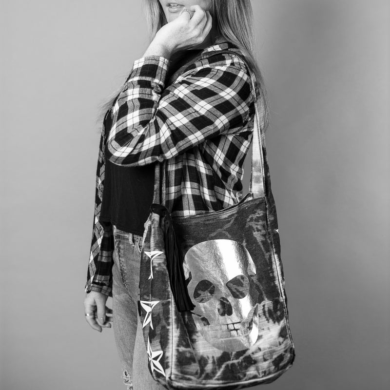MACKENZIE83 WASHED DENIM SKULL HOBO HANDBAG
