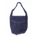 MACKENZIE83 ANDROMEDA SUEDE FRINGE HOBO HANDBAG NAVY