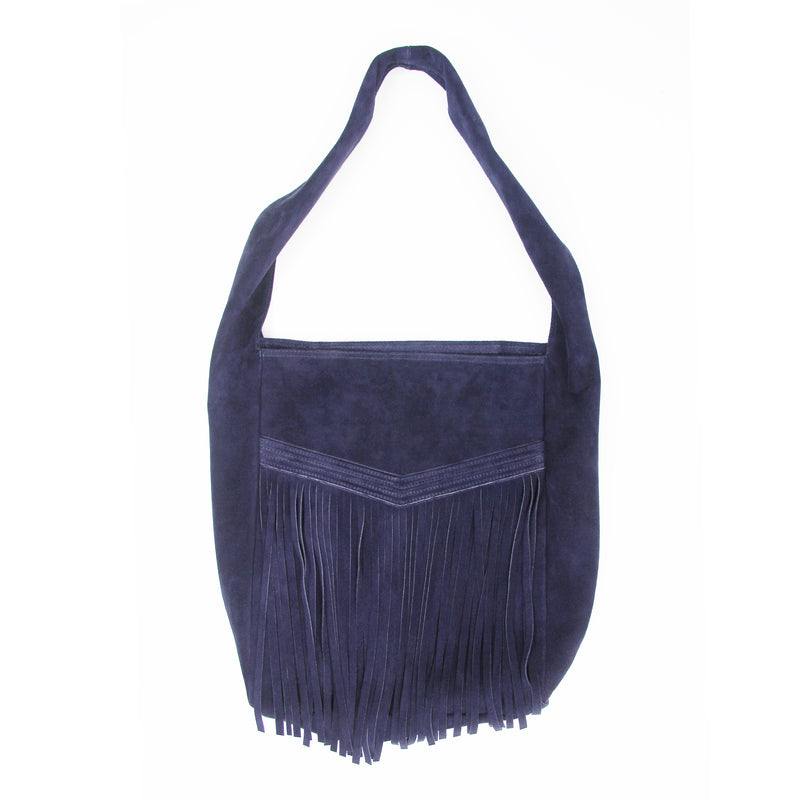 MACKENZIE83 ANDROMEDA SUEDE FRINGE HOBO HANDBAG NAVY