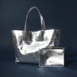 MACKENZIE83 CMACK TOTE SILVER METALLIC AMERICAN LEATHER WITH REMOVABLE ZIP POUCH