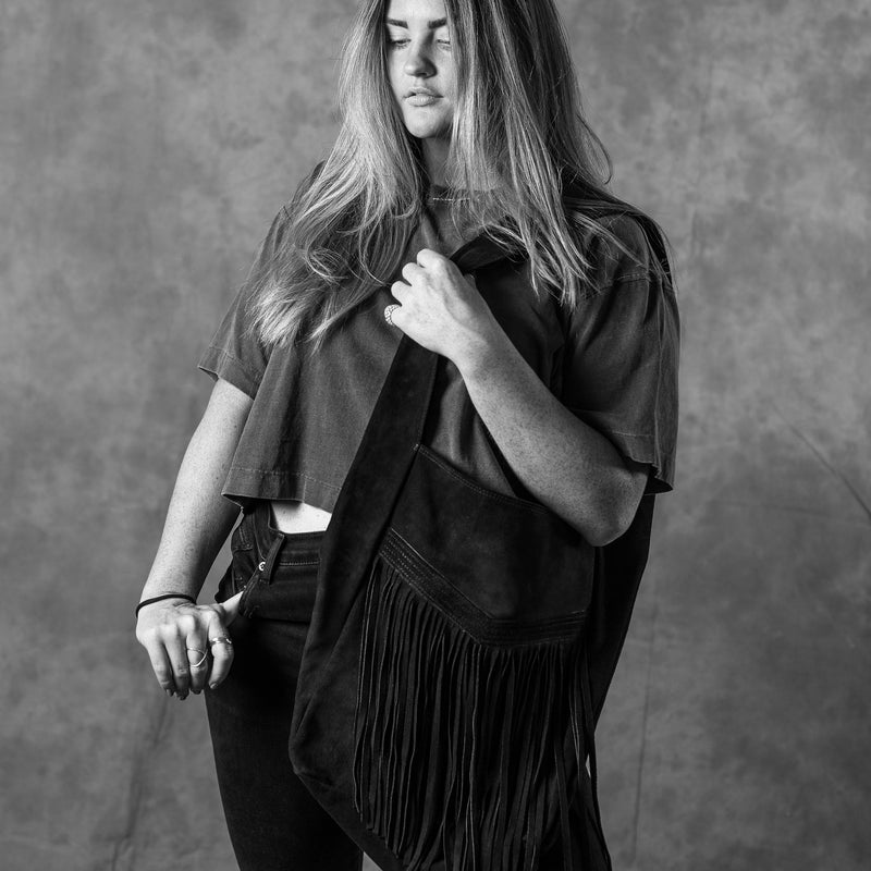 MACKENZIE83 ANDROMEDA SUEDE FRINGE HOBO HANDBAG